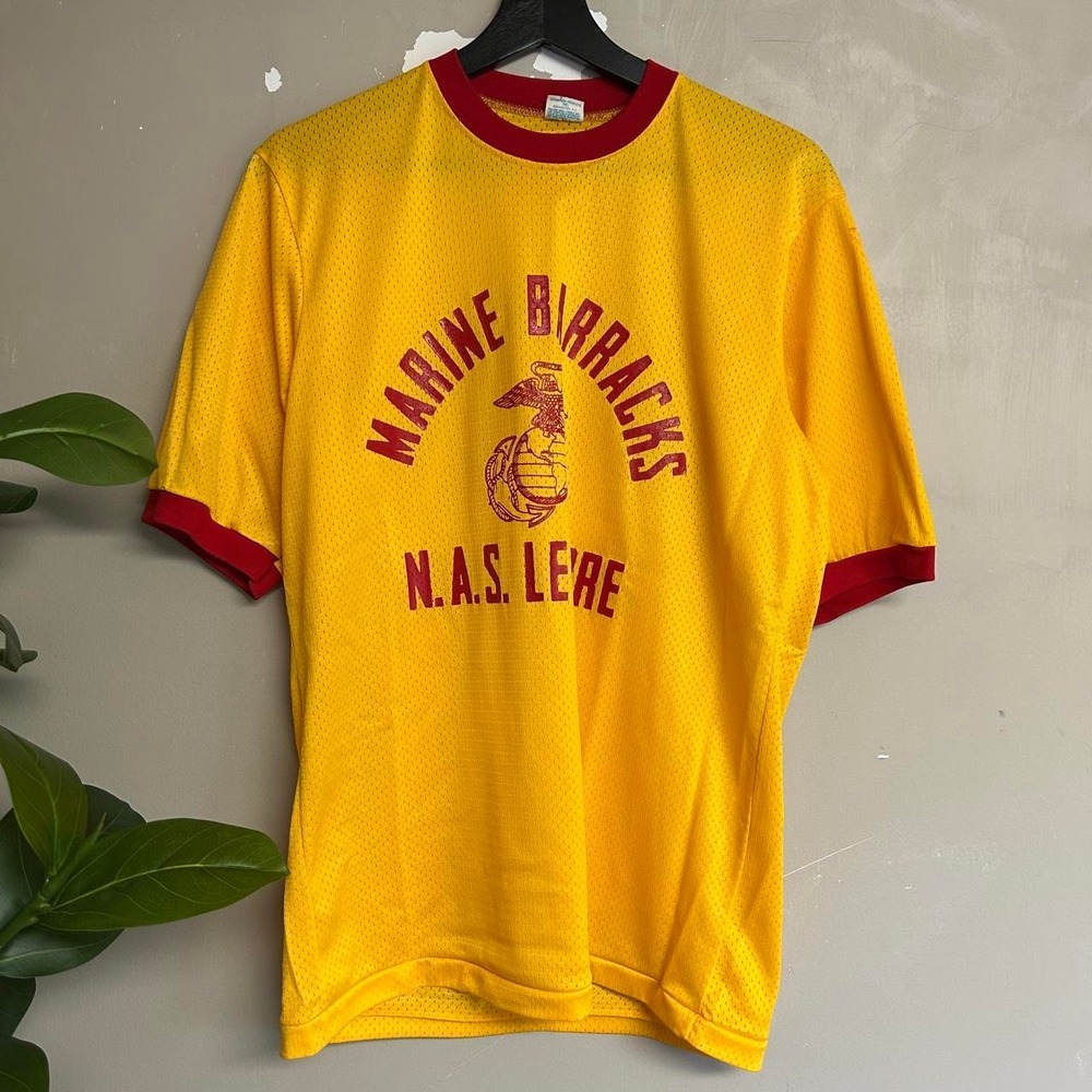 Vintage 80s Champion Marine Barracks Yellow Mesh Ringer Shirt Mens Large Lemoore